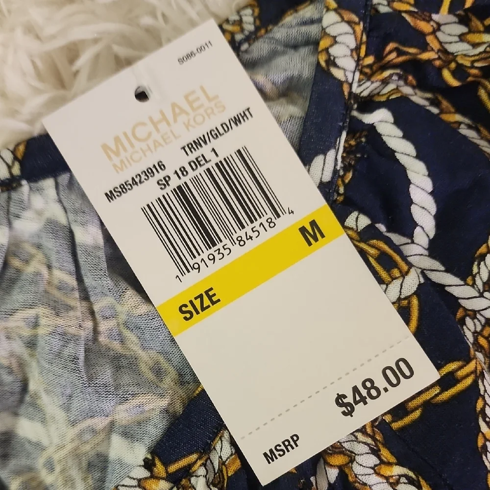 Michael Kors Navy and Gold Chain Print Blouse Size Medium NWT